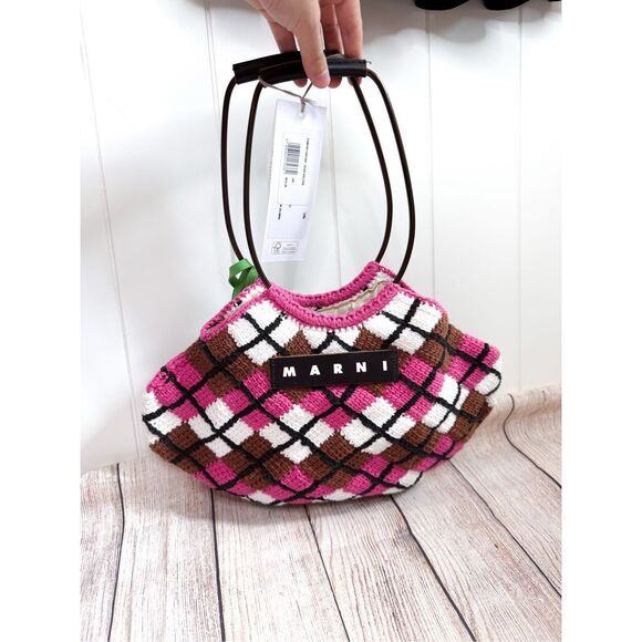 NWT Marni Market handbag in cotton knit with diamond pattern in Pink Crochet - Picture 11 of 16
